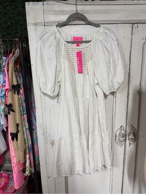 NWT Lilly Pulitzer white tired embroidered puff sleeve dress